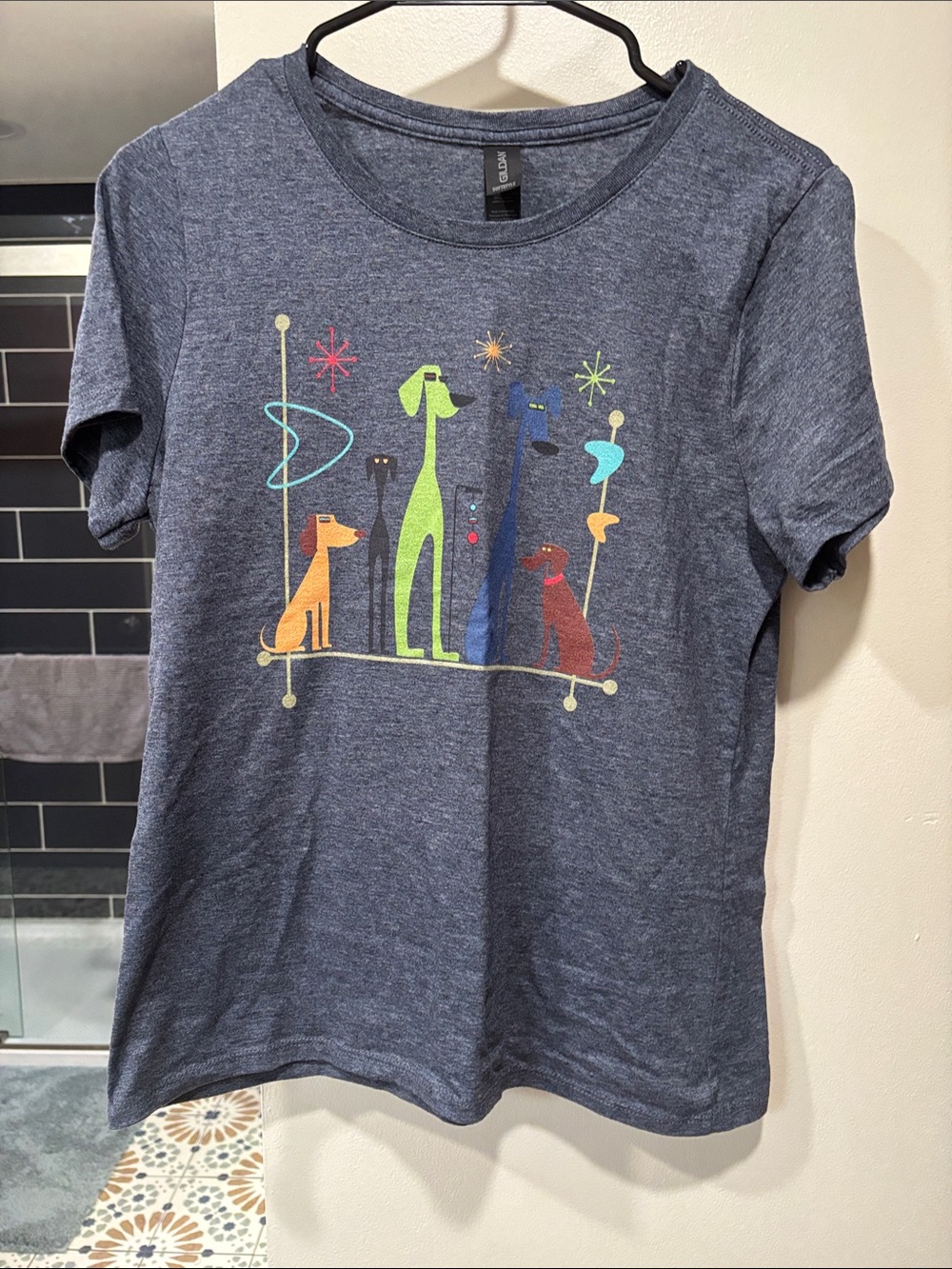 Blue Short Sleeve Tee with Colorful Dog Graphic